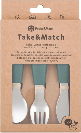 Petite&Mars set di posate per bambini in acciaio inox Take&Match misty green 12m+