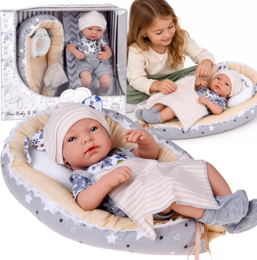 Bambola neonata di 40 cm con nido, cuscino e coperta