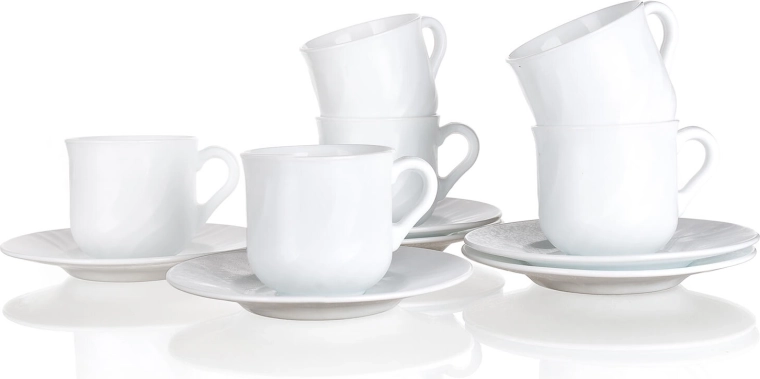 Set di tazze con piattini EBRO 250 ml in vetro bianco, 6 pezzi