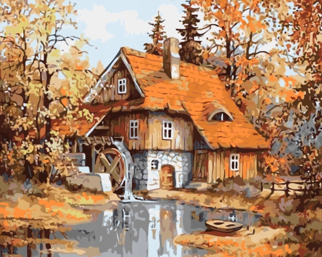 NORIMPEX Dipinto con numeri Mulino nel bosco vicino allo stagno 40 × 50 cm
