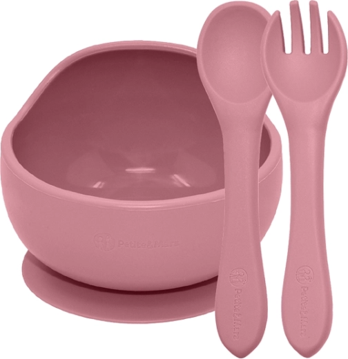 Petite&Mars set pappa in silicone Take&Match: ciotola con ventosa + posate dusty rose (6m+)