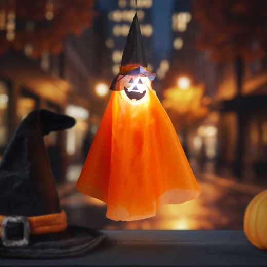 Decorazione luminosa di Halloween a forma di zucca con cappello da strega da appendere