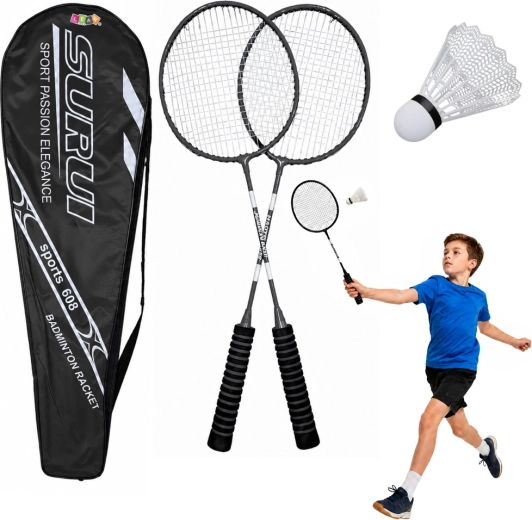 Set da badminton con 2 racchette, volano e custodia nera
