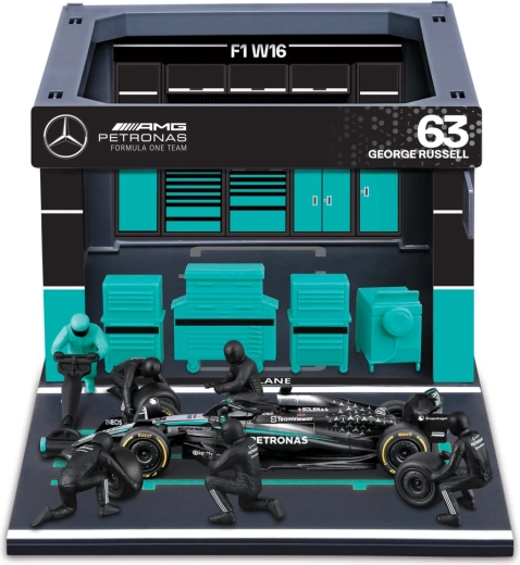 Set Pit Pass diorama Bburago Formula Racing F1 Mercedes-AMG Petronas W16 2025 George Russell 1:43