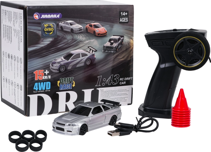 Auto RC argentata da drift in scala 1:43 con accessori