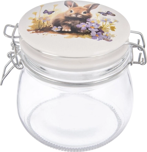 Barattolo in vetro con clip in metallo e coperchio in ceramica Primavera – coniglio, 0,5 l
