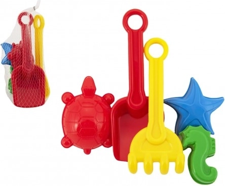 Set di plastica per la sabbia con paletta, rastrellino e formine in rete