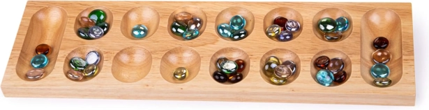 Gioco in legno Mancala con biglie di vetro colorate Bigjigs Toys