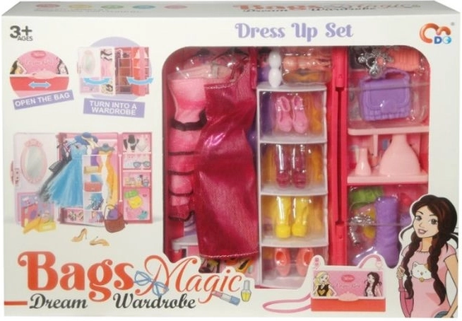 Set per bambini 2 in 1: borsetta con armadio guardaroba pieghevole e accessori