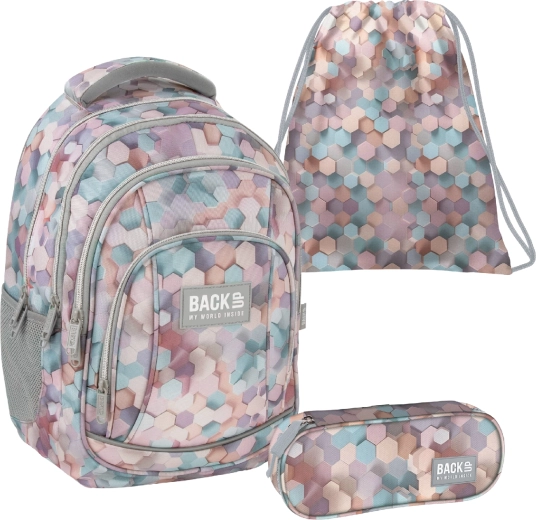 Set scolastico BackUP Geometric Beige 3 in 1 – zaino, astuccio e sacca
