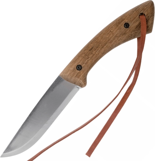 Coltello bushcraft in acciaio al carbonio con manico in noce impregnato e fodero in pelle