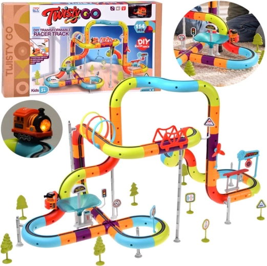 Pista ferroviaria magnetica DIY e set di costruzioni con trenino, 114 pezzi