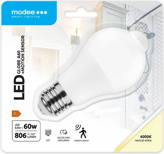Modee Lighting lampadina LED smart A60 8,8 W E27, bianco neutro con sensore di movimento PIR