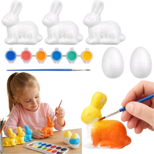 Set per dipingere decorazioni pasquali in polistirolo – 3 coniglietti e 2 uova