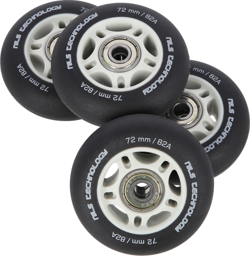 Ruote opache per pattini in linea NILS Extreme 72 mm 82A con cuscinetti ABEC 9, nere, set da 4 pezzi