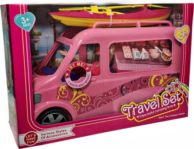 Camper rosa da campeggio per bambola con luce, suono e accessori - 1 pezzo