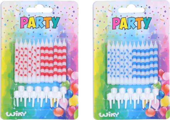 Candeline di compleanno con pois e righe, 12 pz + supporti