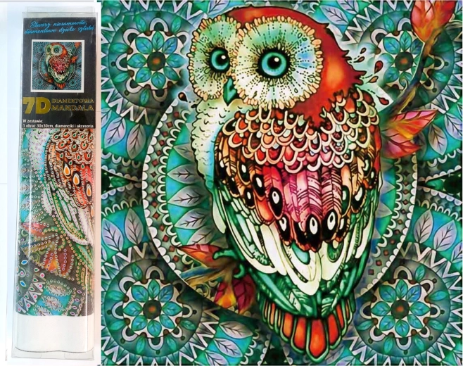 Pittura diamantata 7D – gufo su mandala blu 30 × 30 cm
