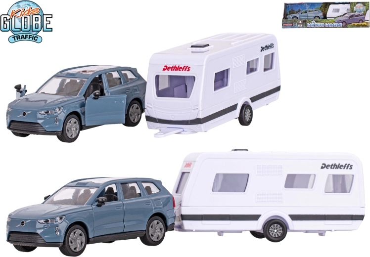 Kids Globe Traffic Volvo EX90 con caravan Dethleffs – modello in metallo con meccanismo pull-back