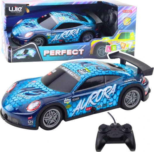 Auto da corsa RC con carrozzeria luminosa, blu