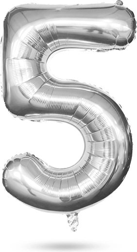 Palloncino foil di compleanno a forma di numero 5, color argento, 40 pollici