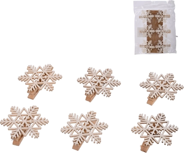 Mollette decorative in legno con fiocco di neve bianche 6 pz