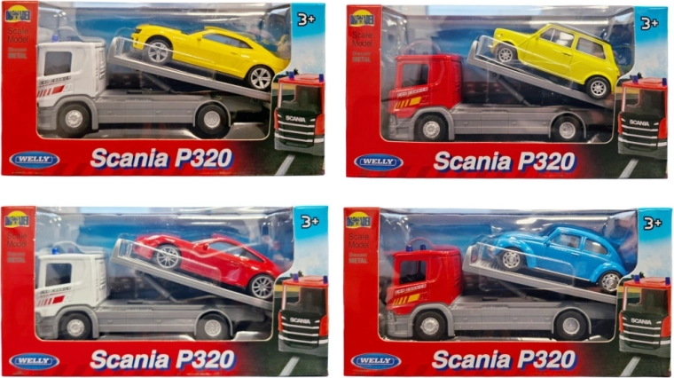 Welly carro attrezzi Scania 1:57 con auto sportiva 1:43