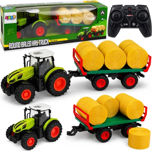 Trattore agricolo RC con rimorchio e balle di fieno 1:24