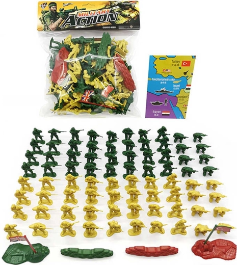 Set militare di figurine di soldati con barriere e bandiere (87 pezzi)