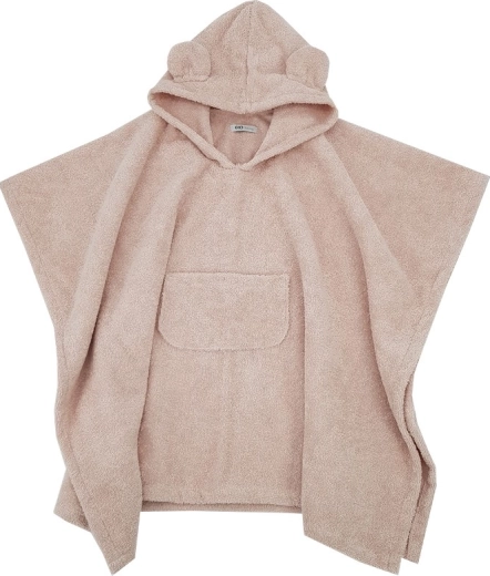 Poncho per bambini in cotone Eko con cappuccio e orecchiette, rosa cipria 75 × 120 cm