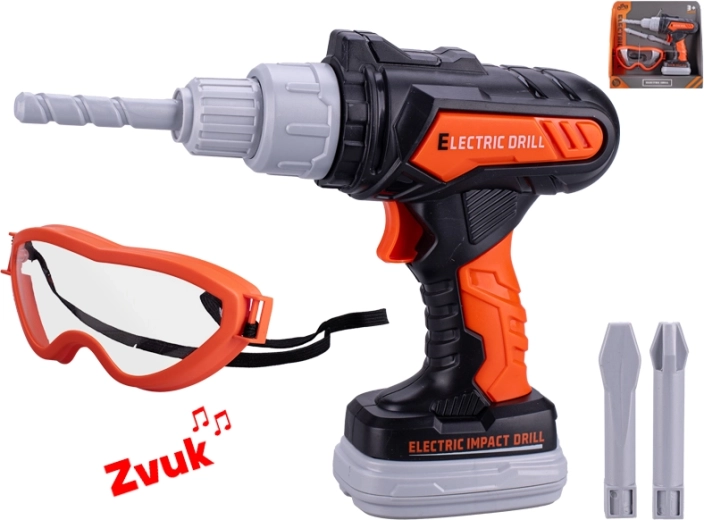 Trapano giocattolo a percussione a batteria con suoni e occhiali protettivi