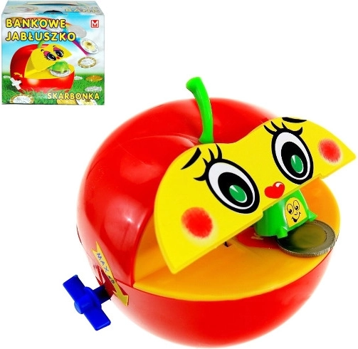 Salvadanaio a forma di mela con inserimento automatico delle monete