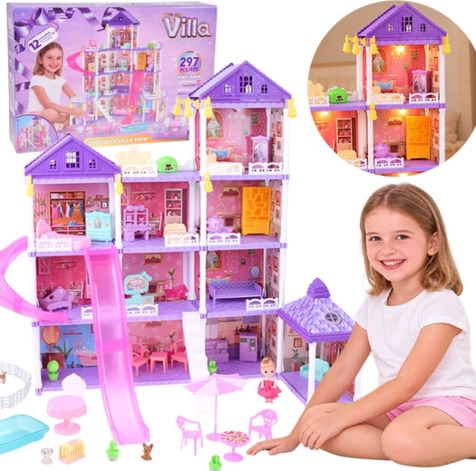 Casa delle bambole Villa LED con scivolo e 250 pezzi