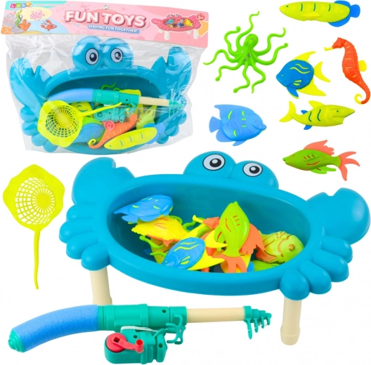 set da pesca per bambini con tavolino a forma di granchio, 10 animaletti, canna e retino – blu