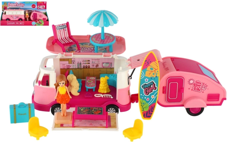 Camper rétro con rimorchio, bambola e accessori