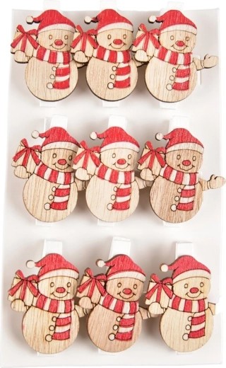 Mollette decorative in legno con pupazzo di neve (9 pz)