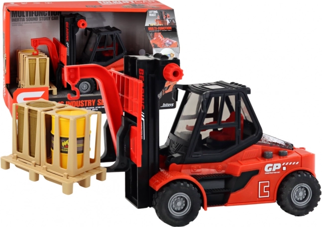 Carrello elevatore rosso 1:16 con forche mobili, suoni e luci
