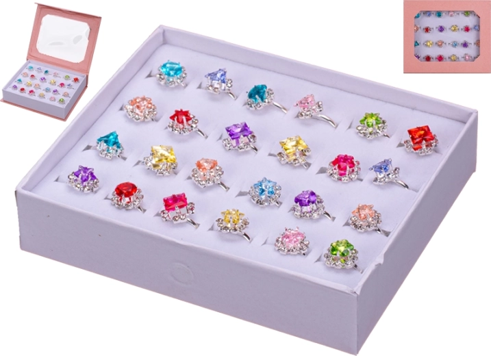 Set di anellini metallici per bambini con pietrine colorate, 24 pz