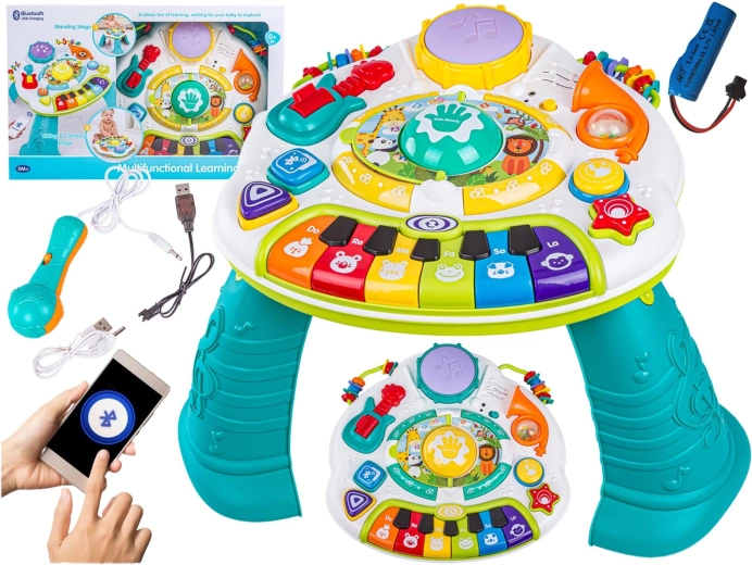 Tavolino musicale educativo multifunzione per bambini con pianoforte e microfono