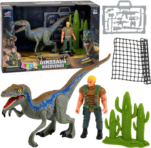 Set di dinosauro e cacciatore con arti mobili, rete e accessori - 1 pezzo