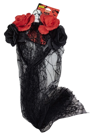 Cerchietto Halloween con velo, rose e teschio - 1 pezzo