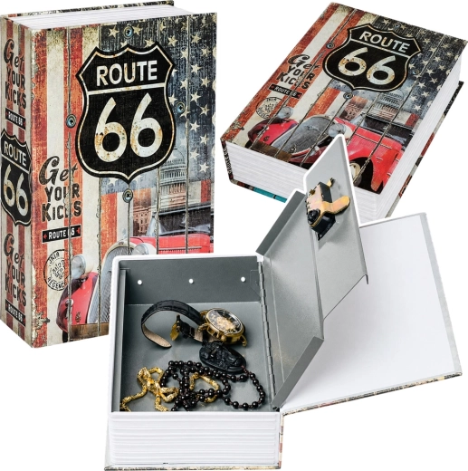 Libro cassaforte a chiave con motivo Route 66