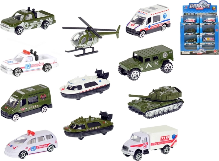Veicoli militari e di soccorso in metallo 1:64, 7–8 cm, ruote libere