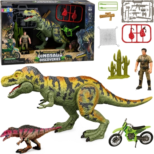 Set per bambini con dinosauri T-Rex con suoni, cacciatore e moto