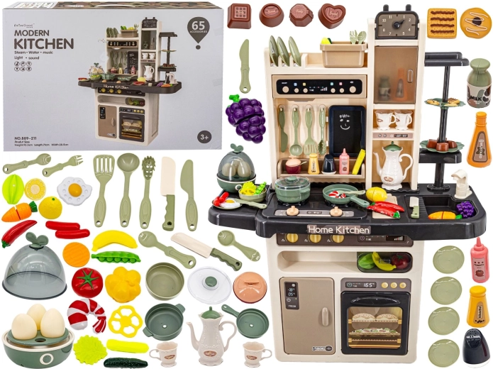 Cucina giocattolo multifunzione per bambini con forno, frigorifero e lavello con effetto vapore e suoni, beige-grigia
