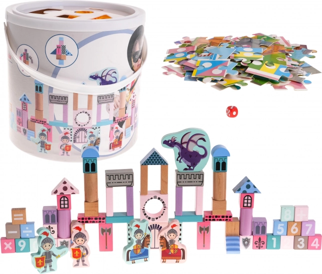 Castello di costruzioni in legno con cavalieri per bambini 3+