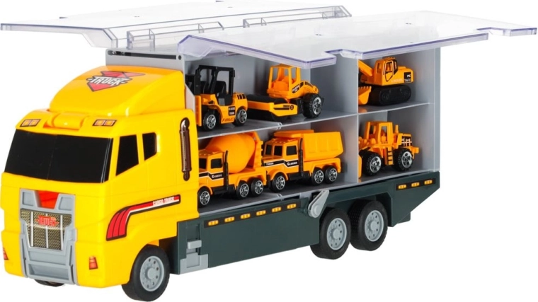 Set camion giocattolo con pianale di traino e 6 veicoli da cantiere