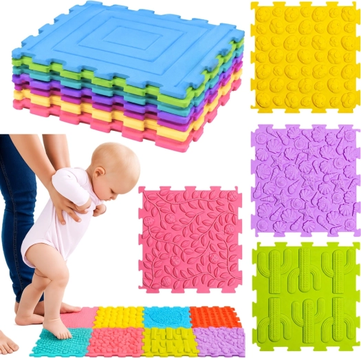 Puzzle sensoriali in silicone – tappetino massaggiante e sensoriale 12 pz (25 × 25 cm)