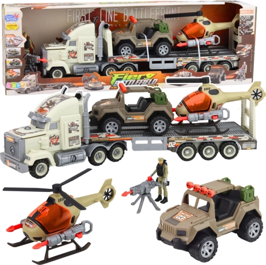Set di trasporto militare con rimorchio, elicottero e fuoristrada con luci e suoni