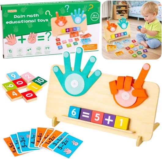 Puzzle matematico in legno con dita, carte e cifre